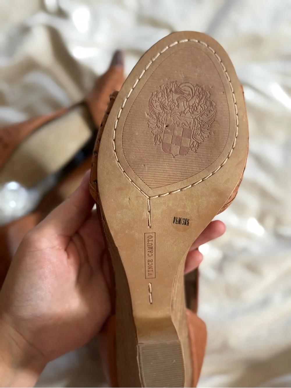 Vince Camuto Woven Cognac Brown Open-Toe Ankle Heels